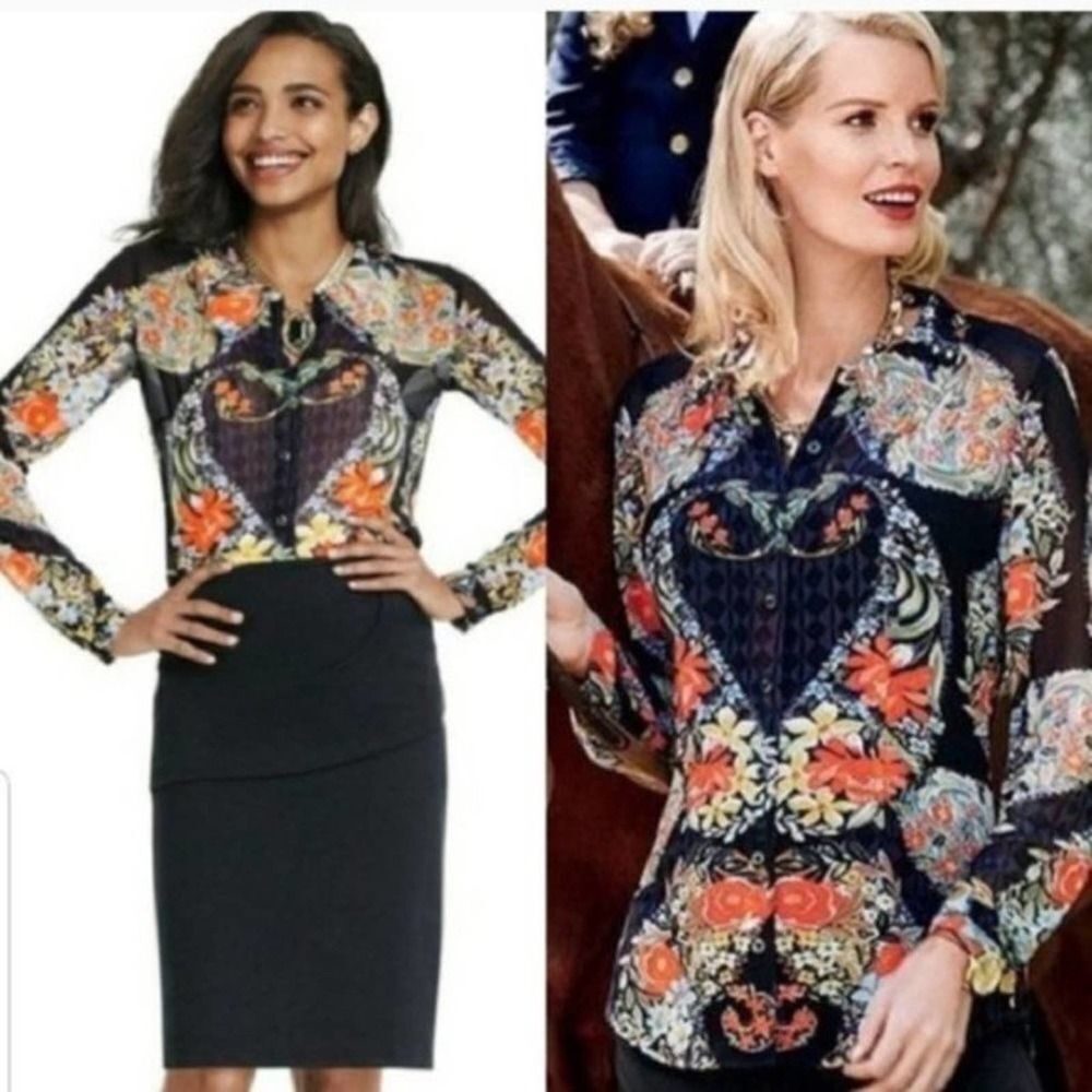 Cabi Amour Floral Button Down Blouse 3072 Sheer Long Sleeve Top Shirt Collared